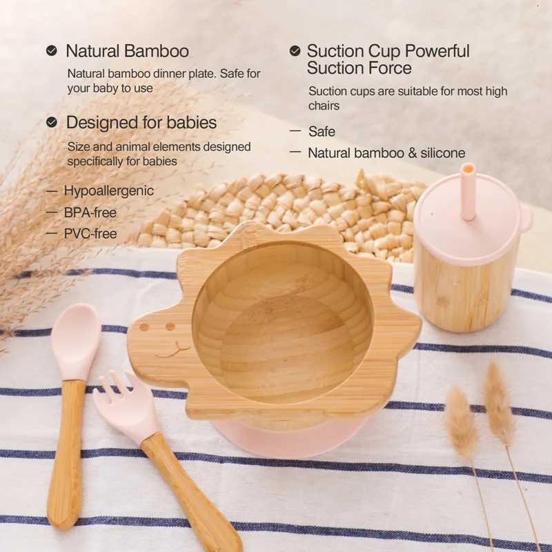 4pc Bamboo Wooden Dinosaur Dinner Plate Baby Bowl Spoon Fork Cup Silicone Suction Plate Tableware Set Baby Feeding Accessories X250806