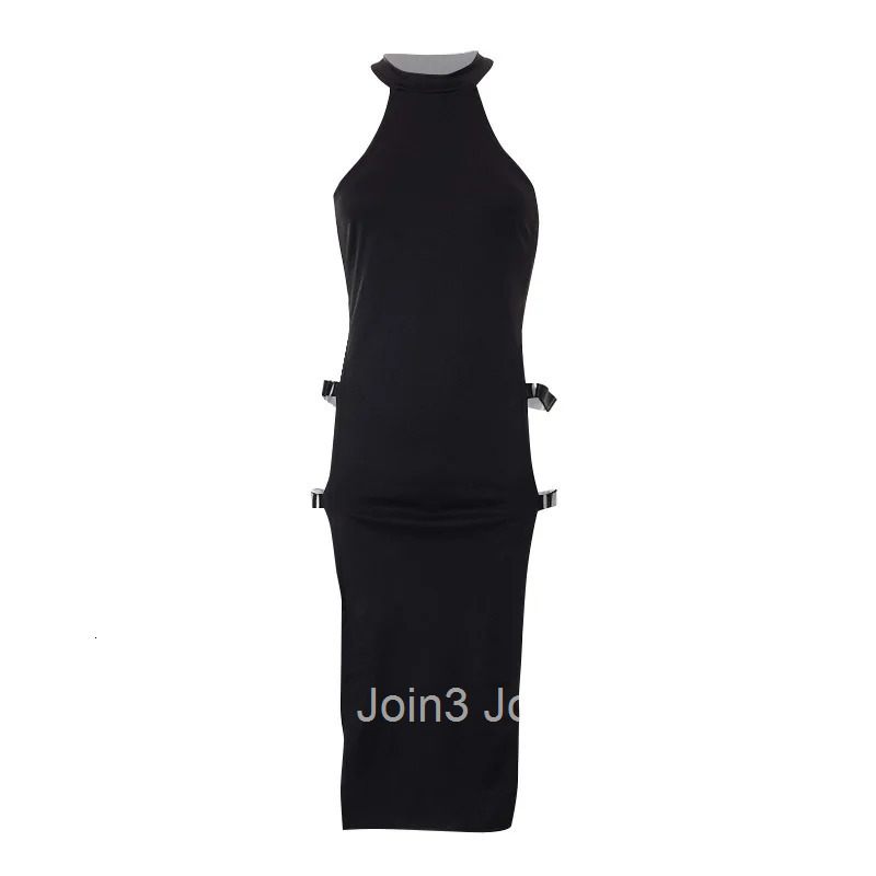 WOMENGAGA Sexy Hanging Neck Elastic High Waist Double Split Tie Long Dress Elegant Cheongsam Hot Sexy Y2K Tops 9ZTL