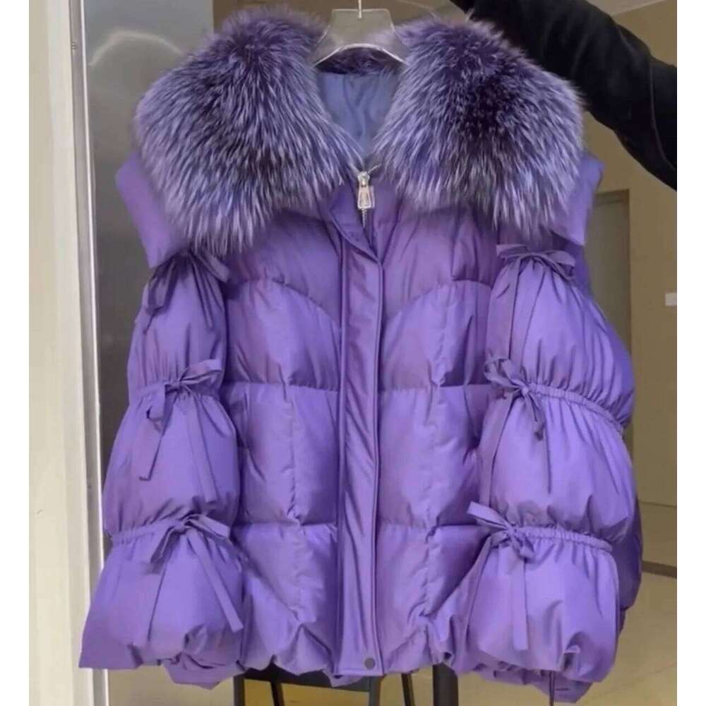 Winter Warm Real Natural Raccoon Fur Collar White Duck Green Bread Coat Female Elegant Lantern Sleeve Bow Down Jacket Wome 250806