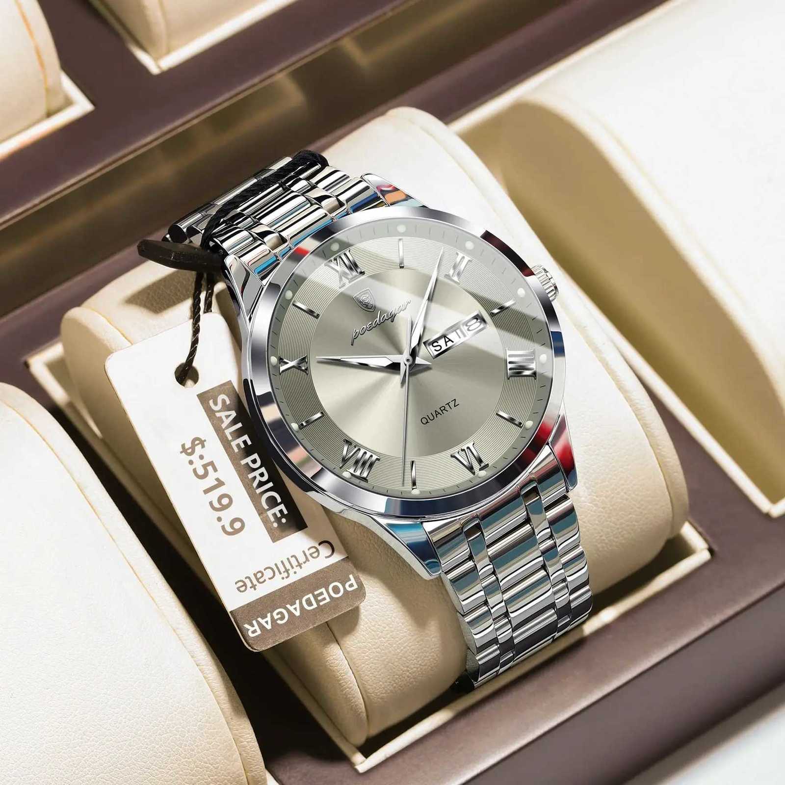POEDAGAR Luxury Fashion Men Clock Waterproof Luminous Week Date Sports Mens Wristwatch Stainless Steel Mens Quartz Watch W250806