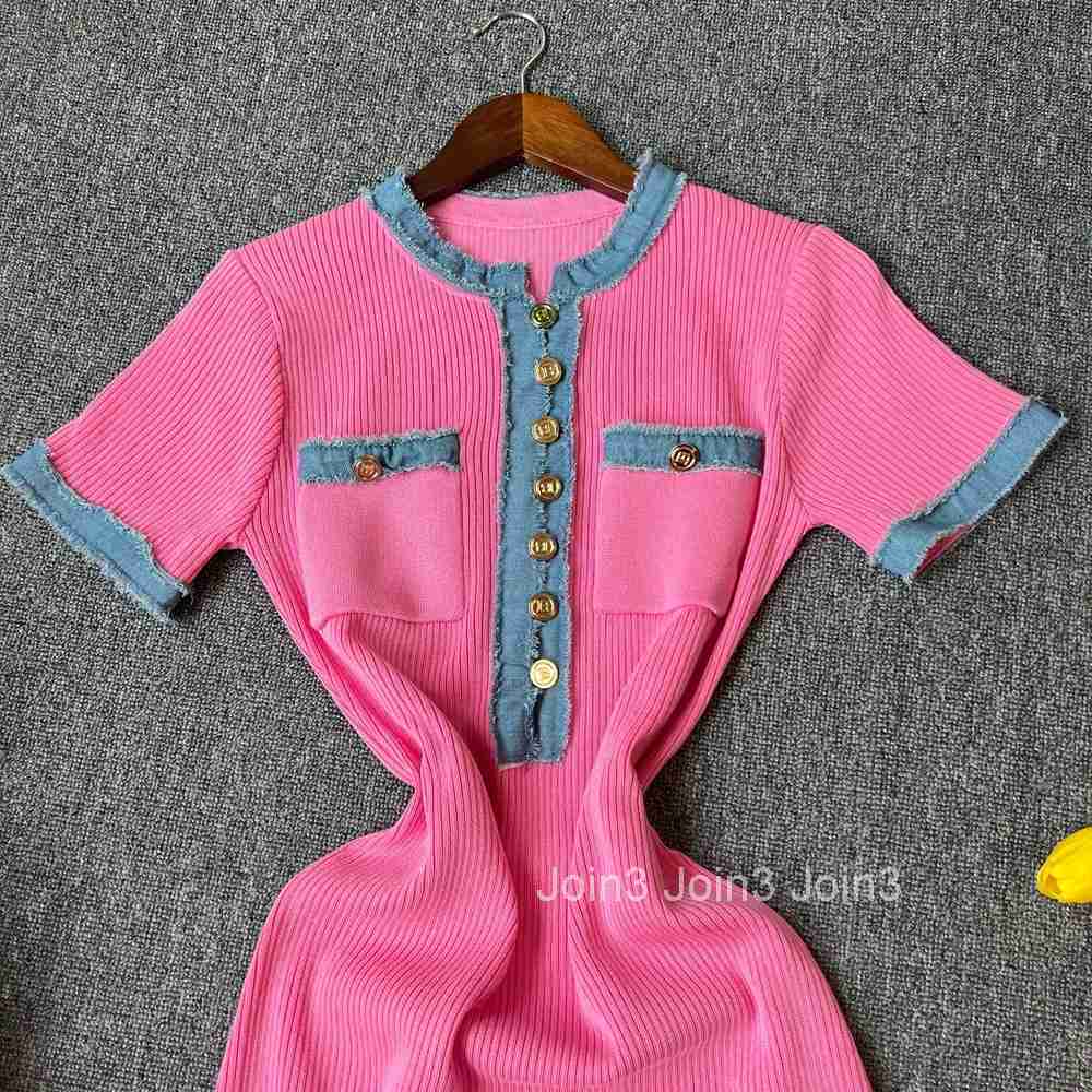 YuooMuoo Brand Fashion Vintage Denim Patchwork O-neck Knit Maxi Dress Casual Oversize Pockets Long Shirt Dress Chic Party Robes