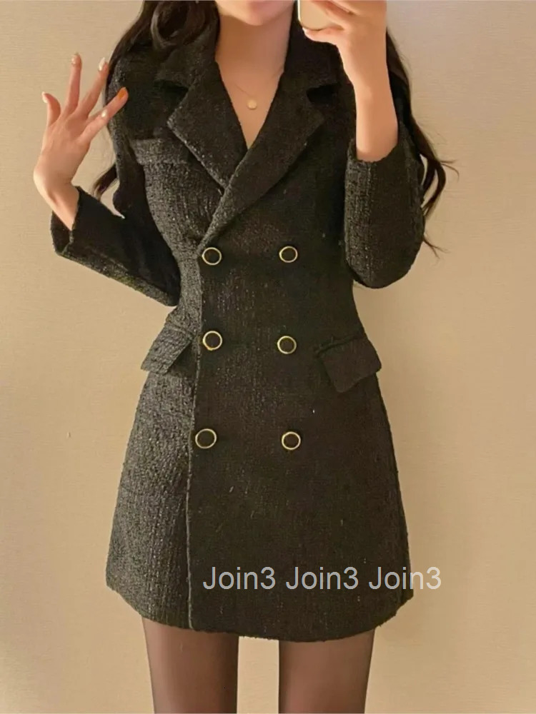 Elegant Tweed Blazer Dress Double Breasted Slim Short Dresses for Women Korean Fashion Office Lady Coat Dress Autumn Winter New