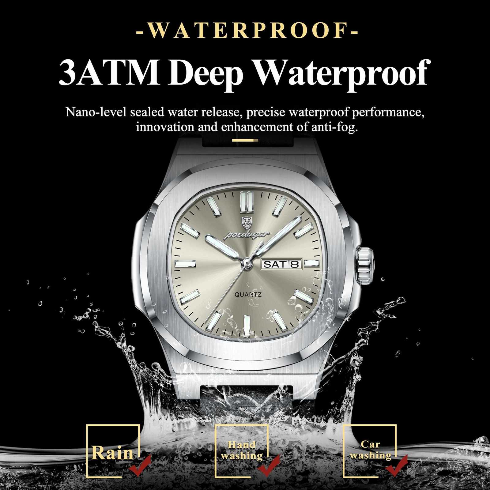 POEDAGAR High Quality For Men Luxury Luminous Waterproof Week Calendar Mens Leather Square Quartz Watch W250806