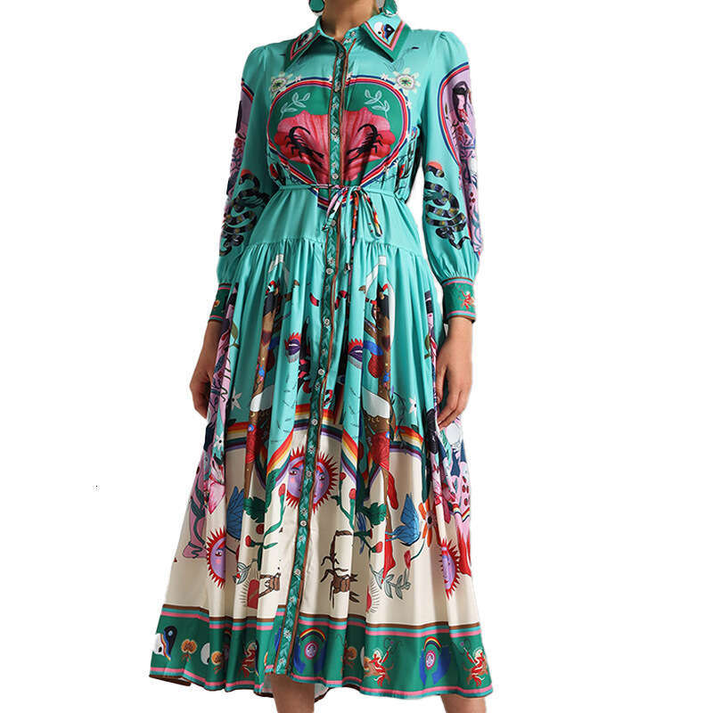 New Women's Fashion Printed Turn-Down Collar Long Sleeve Dress B5
