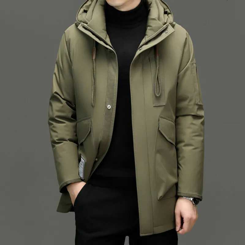 Classic 2025 Winter Mens Mid-Length Hooded White Duck Down Jacket Outdoor Windproof Wear Warm Hooded Puffer Coat Thick Clothing W250806