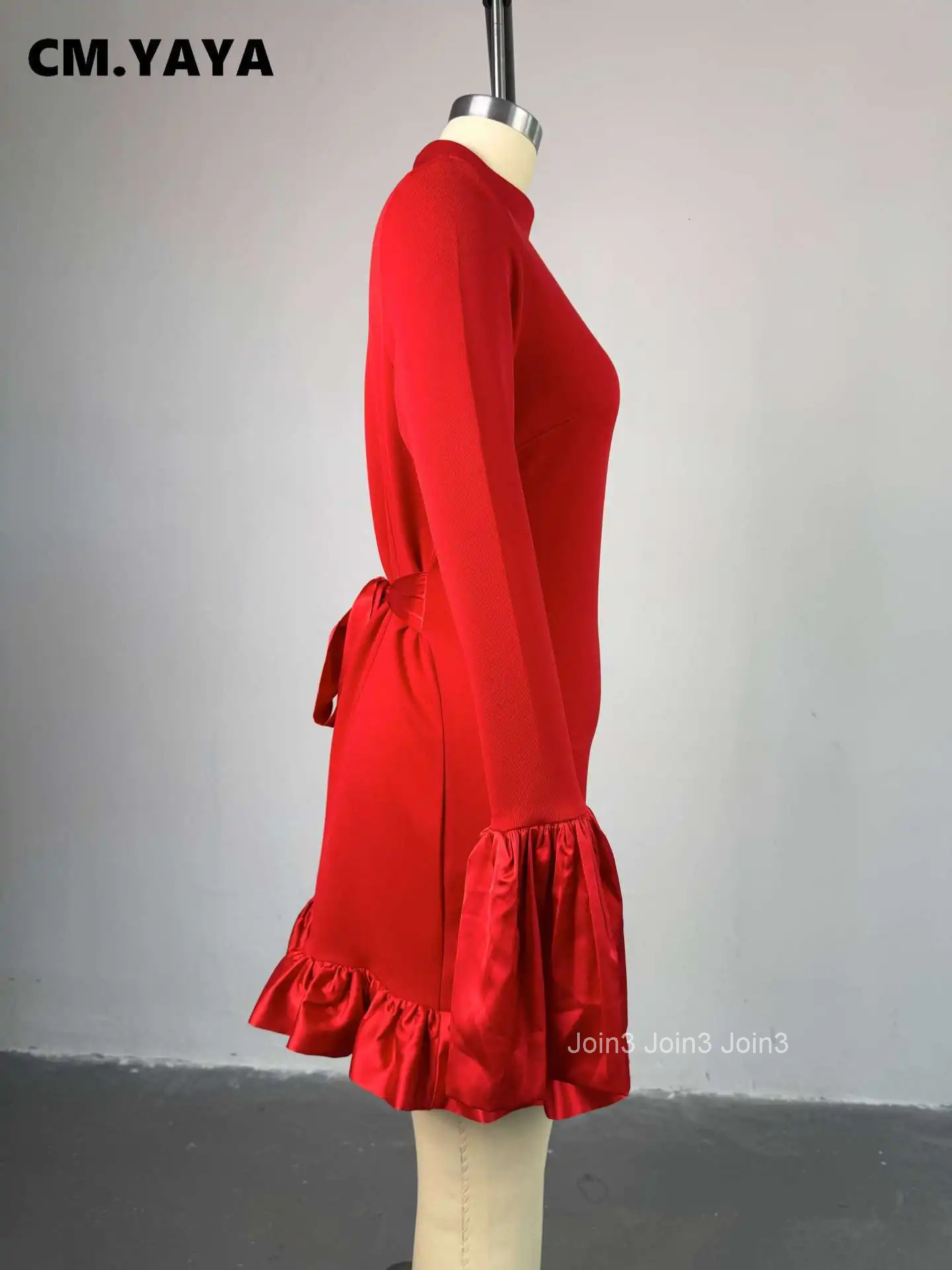 CM.YAYA Women O-neck Long Flare Sleeve Ruffles Mini Dress Spring Sweet Sexy Birthday Evening Night Party Vestidos Dresses