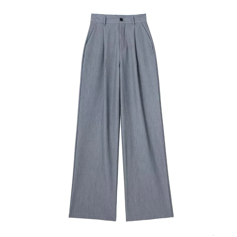 TRAF Striped Straight Pants Autumn Womens Elegant Pleated Long Ladies Fashion Casual Office Beige Grey Black 250806