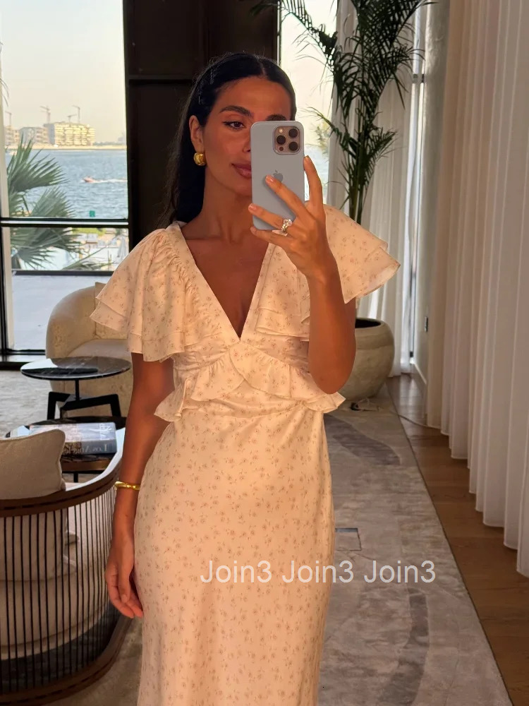 Elegant Floral Printed Ruffle Hem Dress Womens Chic V-neck High Waist Slim Fit Long Dresses Summer Holiday Vestidos