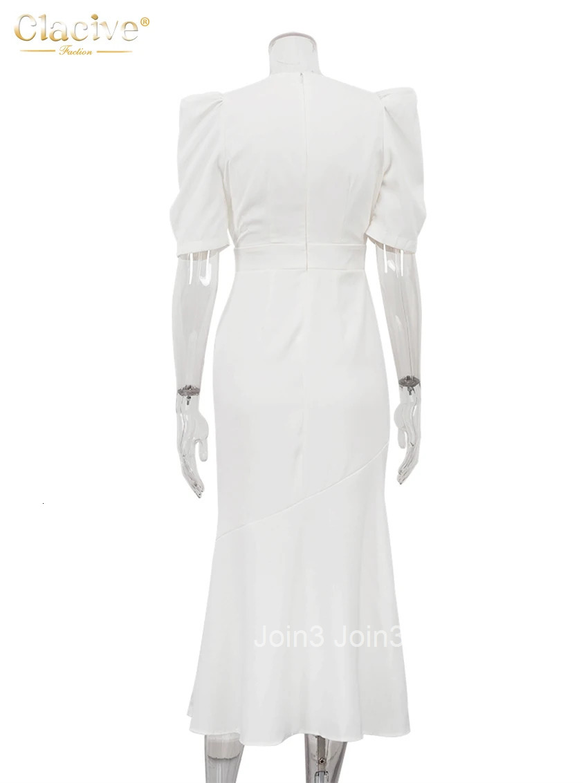 Clacive Summer Slim White Womens Dress Fashion V-Neck Short Sleeve Midi Dresses Elegant Classic High Waist Female Dress