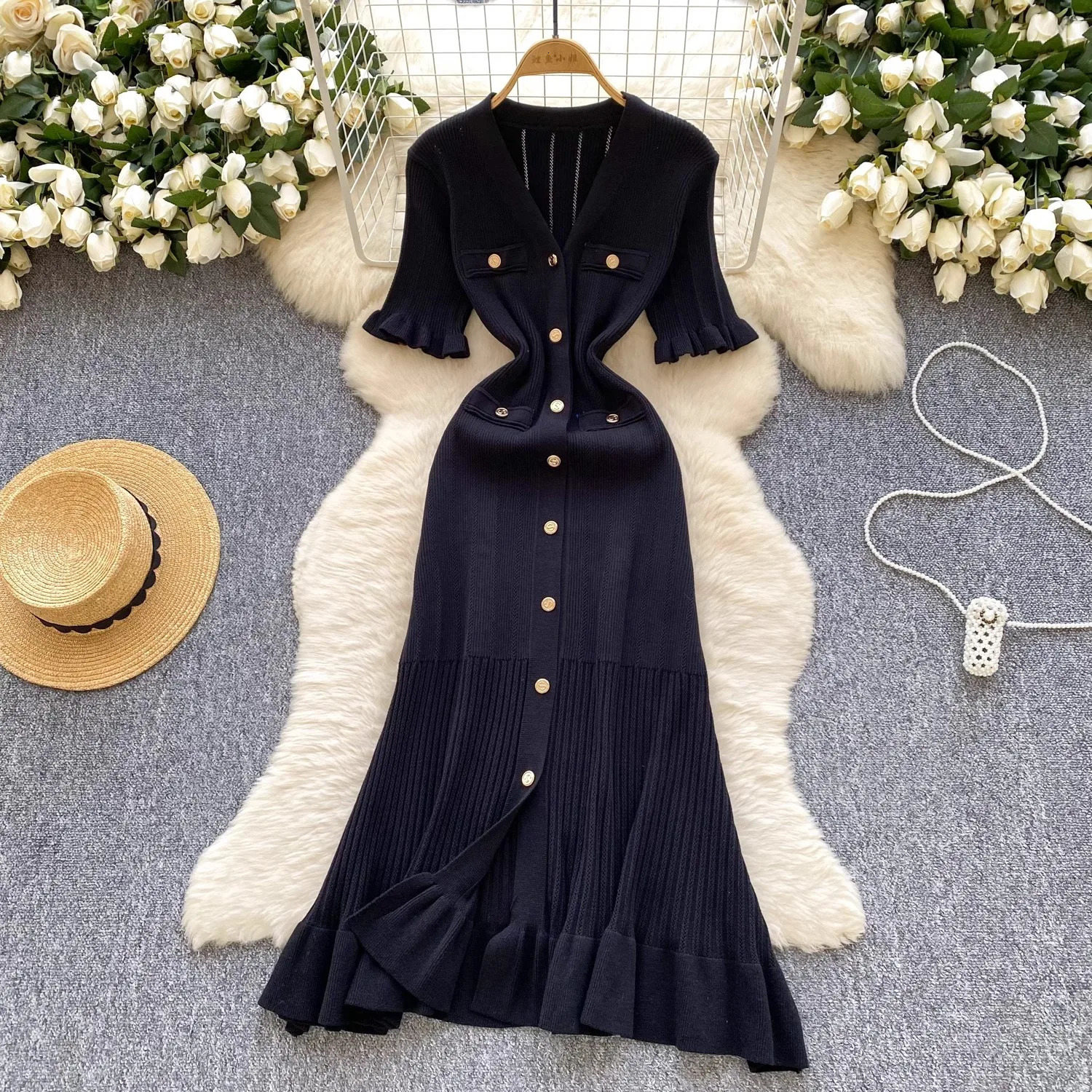 YuooMuoo Fashion Vintage Knitted Long Dress Spring Summer Women Elegant V-neck Ruffled Bodycon Sweater Dress Party Vestido 250804