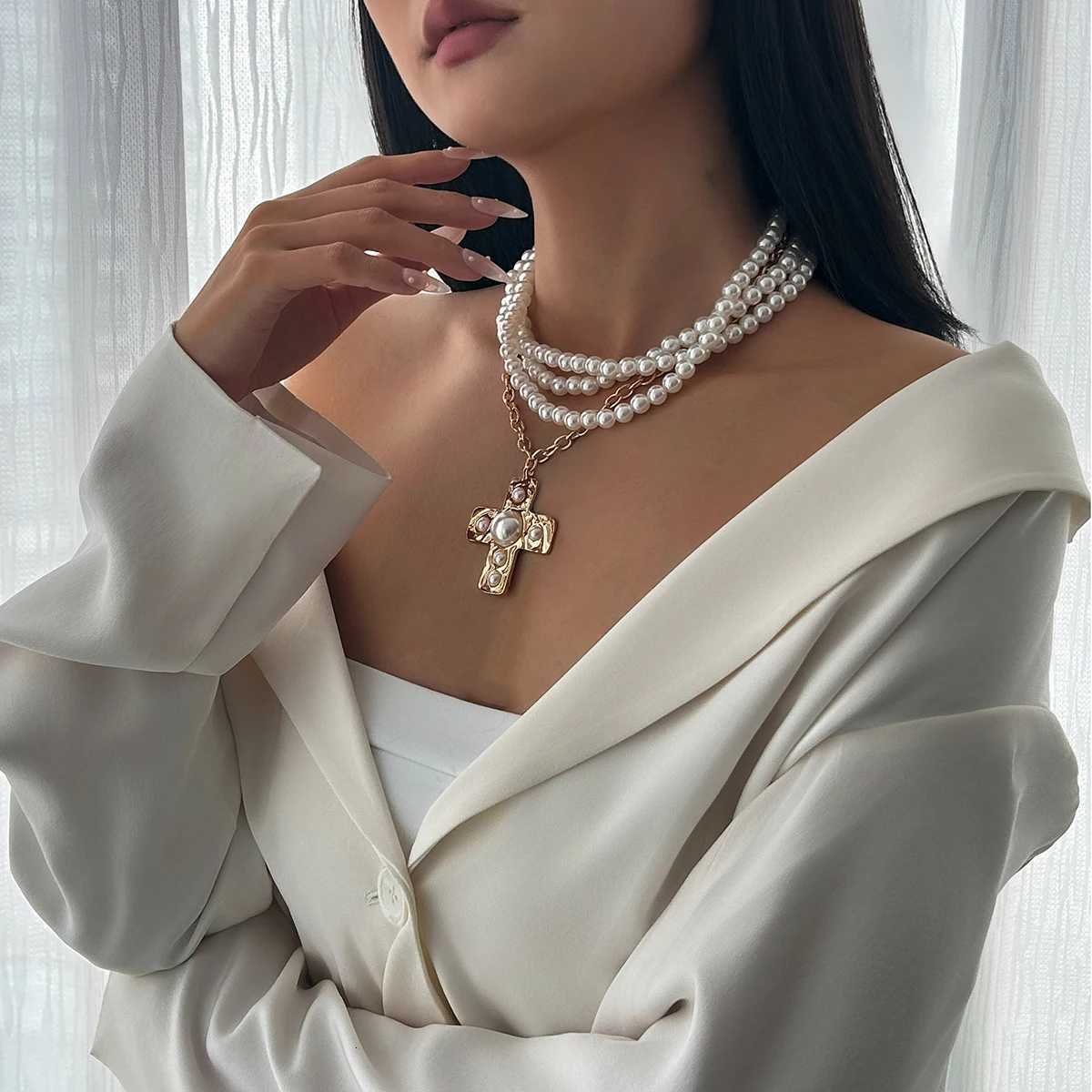 Ingemark Multilayer Imitation Pearl Chain Necklace Women Trendy 2025 Goth Big Jesus Cross Pendant Choker New Year Jewelry Gift Y250805