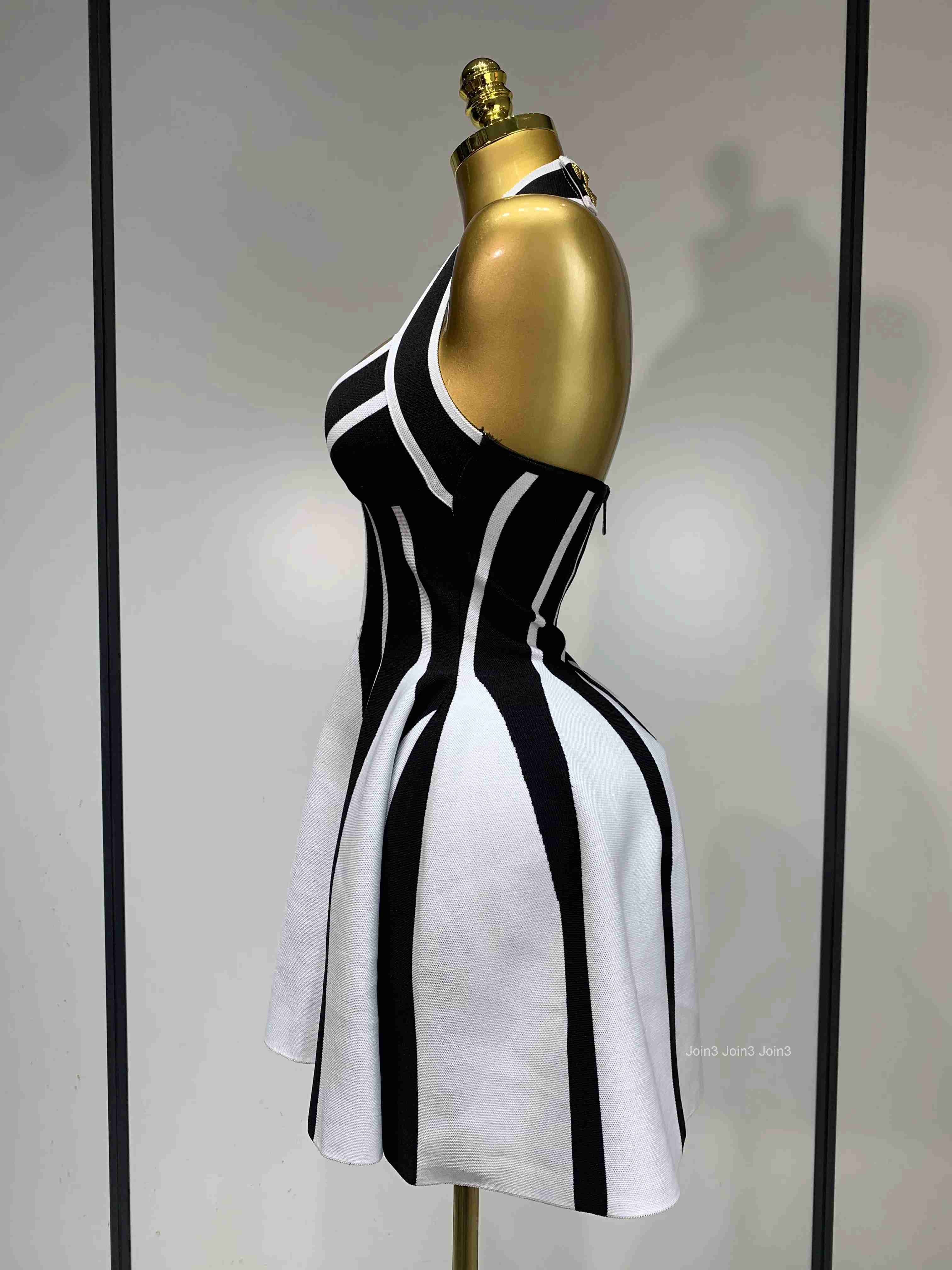 Women Sexy Backless Black White Stripes Halter Bandage A Line Short Dress Celebrity Elegant Evening Party Holiday Club Dress