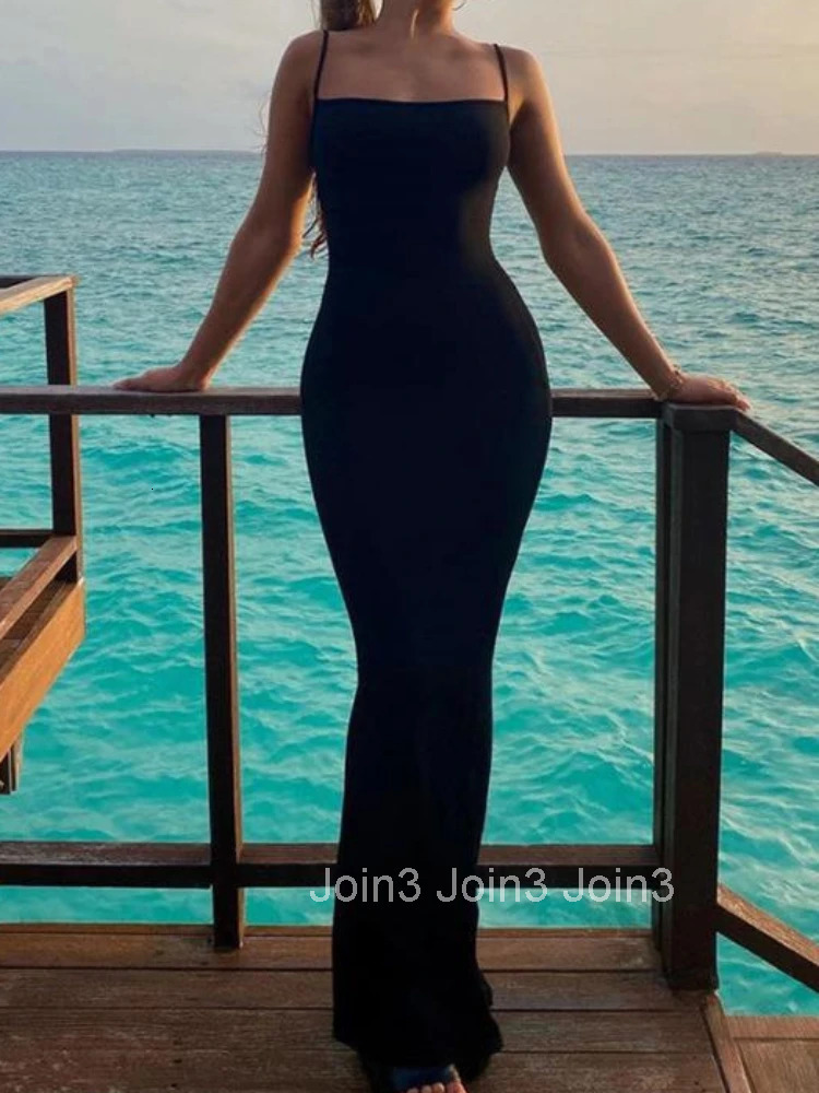 Elegant Deep Open Back Backless Slim Maxi Dress Women Spaghetti Strap Sleeveless Bodycon Long Dress Sexy Club Party Vestidos
