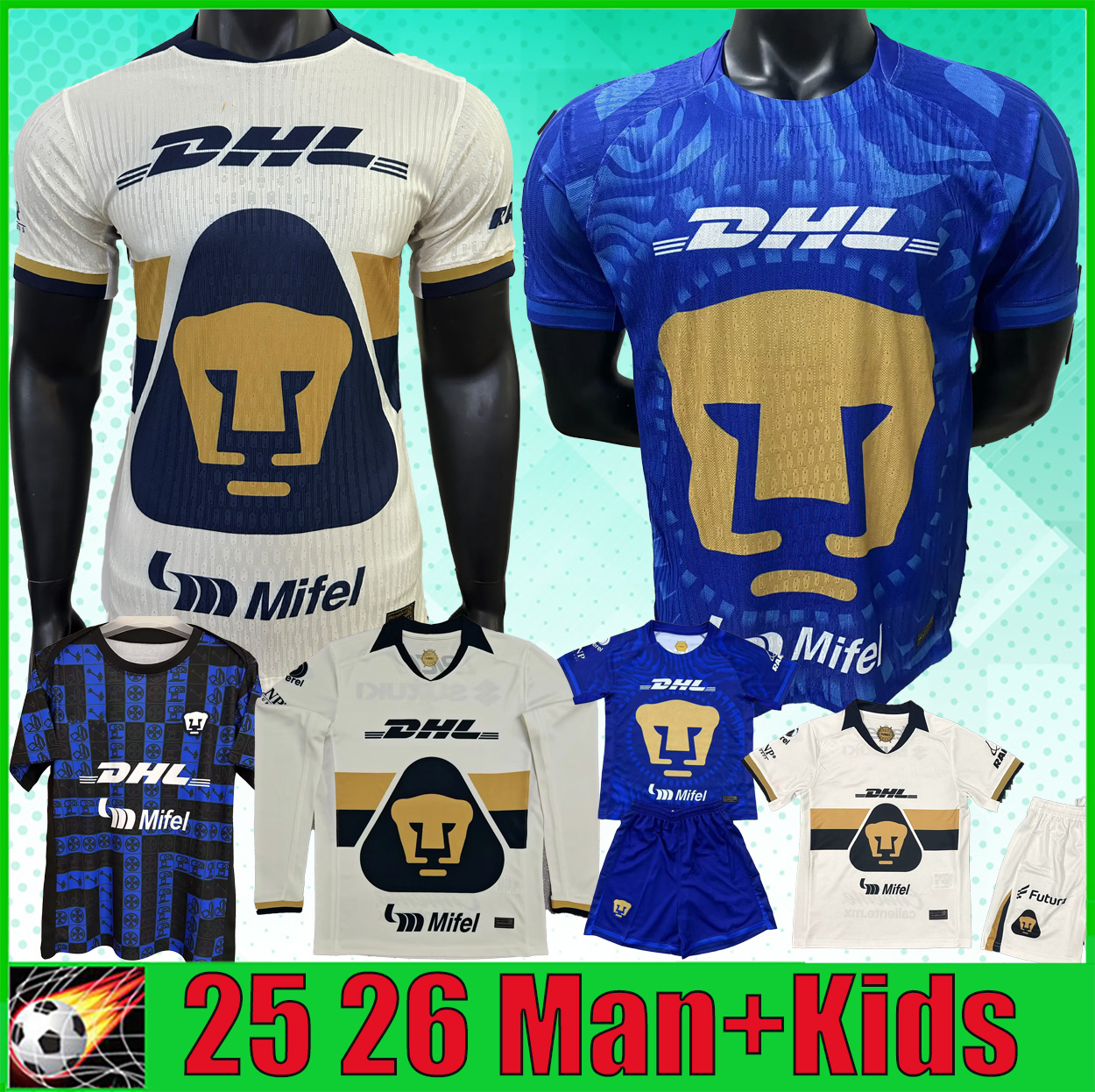 16-4XL UNAM 25 26 Mexico Club Soccer Jerseys Men Home Away LIGA MX fans Player Version PUSSETTO C.HUERTA LEO SUAREZ A.AVILA Uniforms kids kit Football Shirt