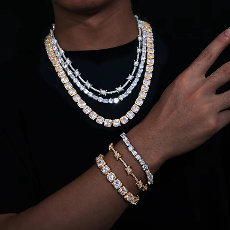 Hip Hop Jewelry Mens Pink Style 11mm Gold Plated Sterling Silver Cushion Cut VVS Moissanite Diamond Tennis Chain Necklace