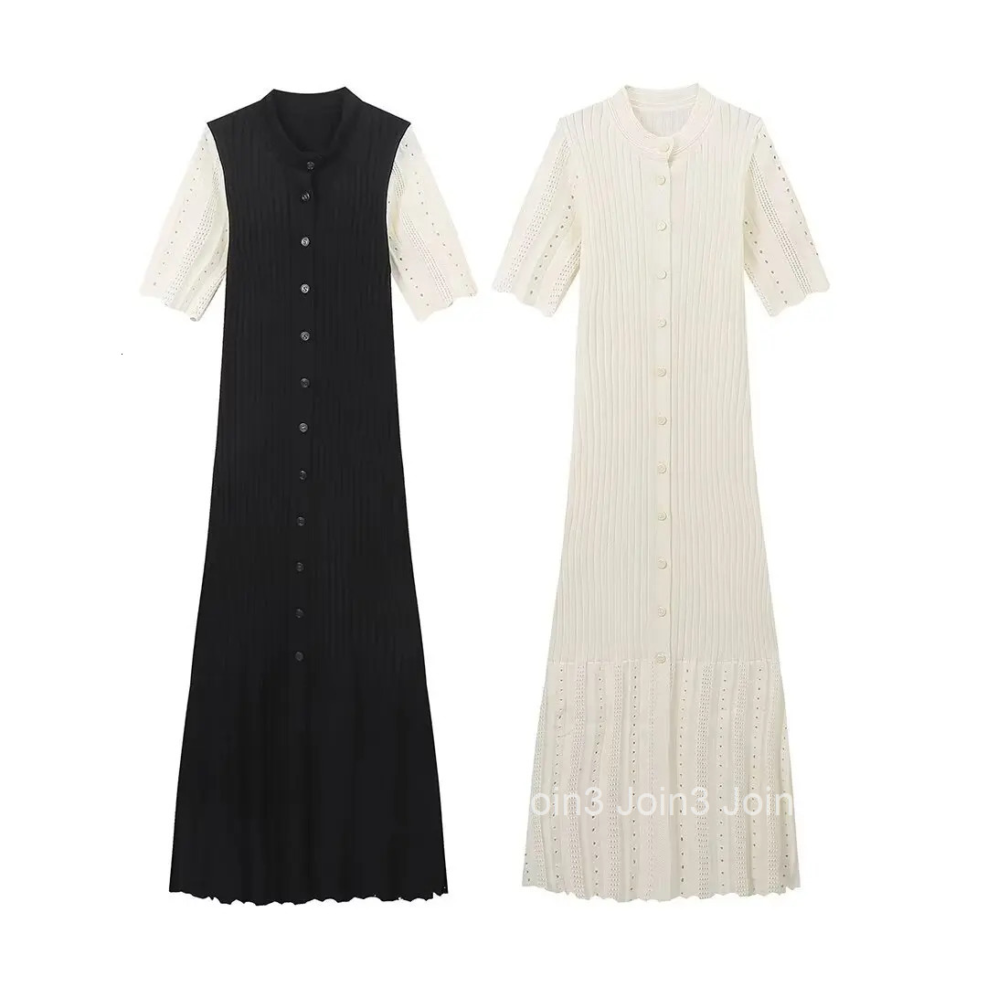 Elegant Knitted Dress New Hollow Out Short Sleeve Midi Dress High Waist Slim-Fit Dress Patchwork Single Breasted Ladies Robe