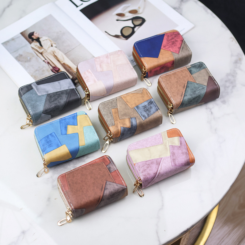 New Double Zipper Accordion Card Holder Color Block Multifunctional Short Wallet Multi-Card Slot Coin Purse