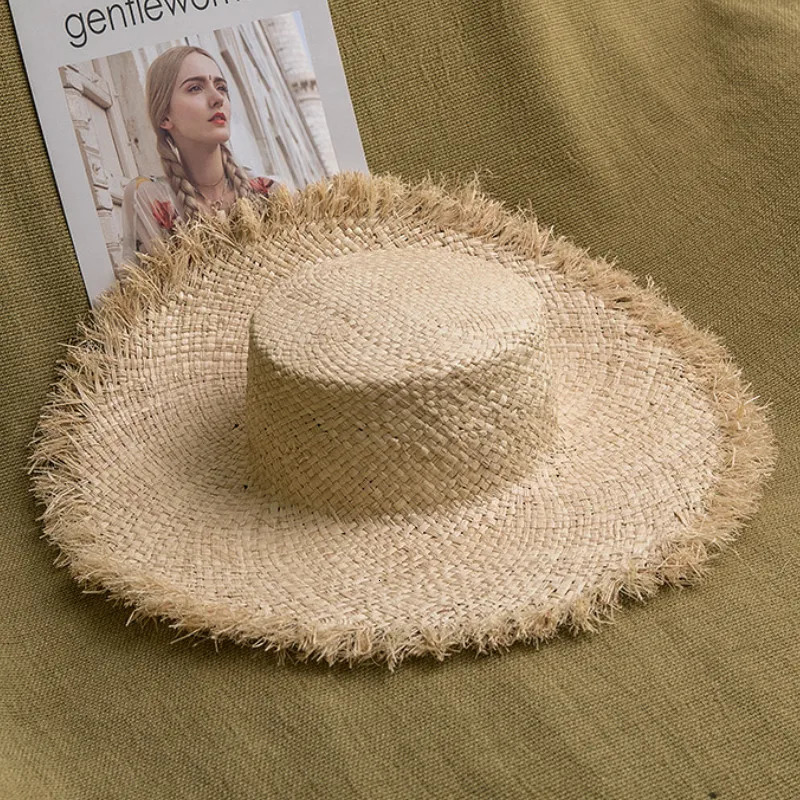 100% Handmade Natural Raffia Hats Women Flat Top Wide Brim Straw Hat Beach Hat Lady Holiday Panama Sun Protection Sun Hat 250805
