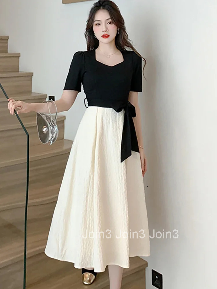 White Patchwork Black Chic Bow Midi Dress Summer Short Sleeve Sqaure Collar Casual Dress Women Korean Elegant Party Vestido