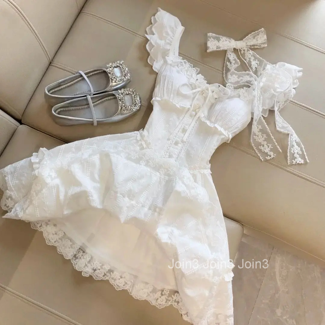 Sweet Princess Dress Woman French Lace Sim Fairy Dress Harajuku Gyaru Elegant Chic Ball Gown Summer Kawaii 90s Sexy Fashion