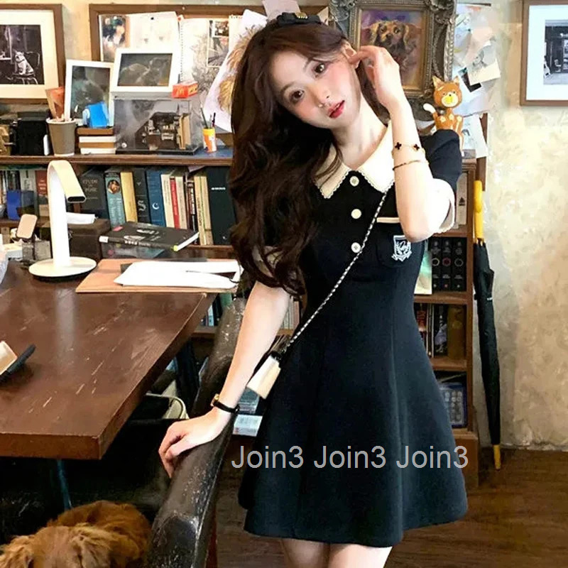 Polo One Pieces Korea Contrast Color Womens Dress With Collar Summer Sweet College Sundress Y2K Short Sleeve Mini Skirt Kpop