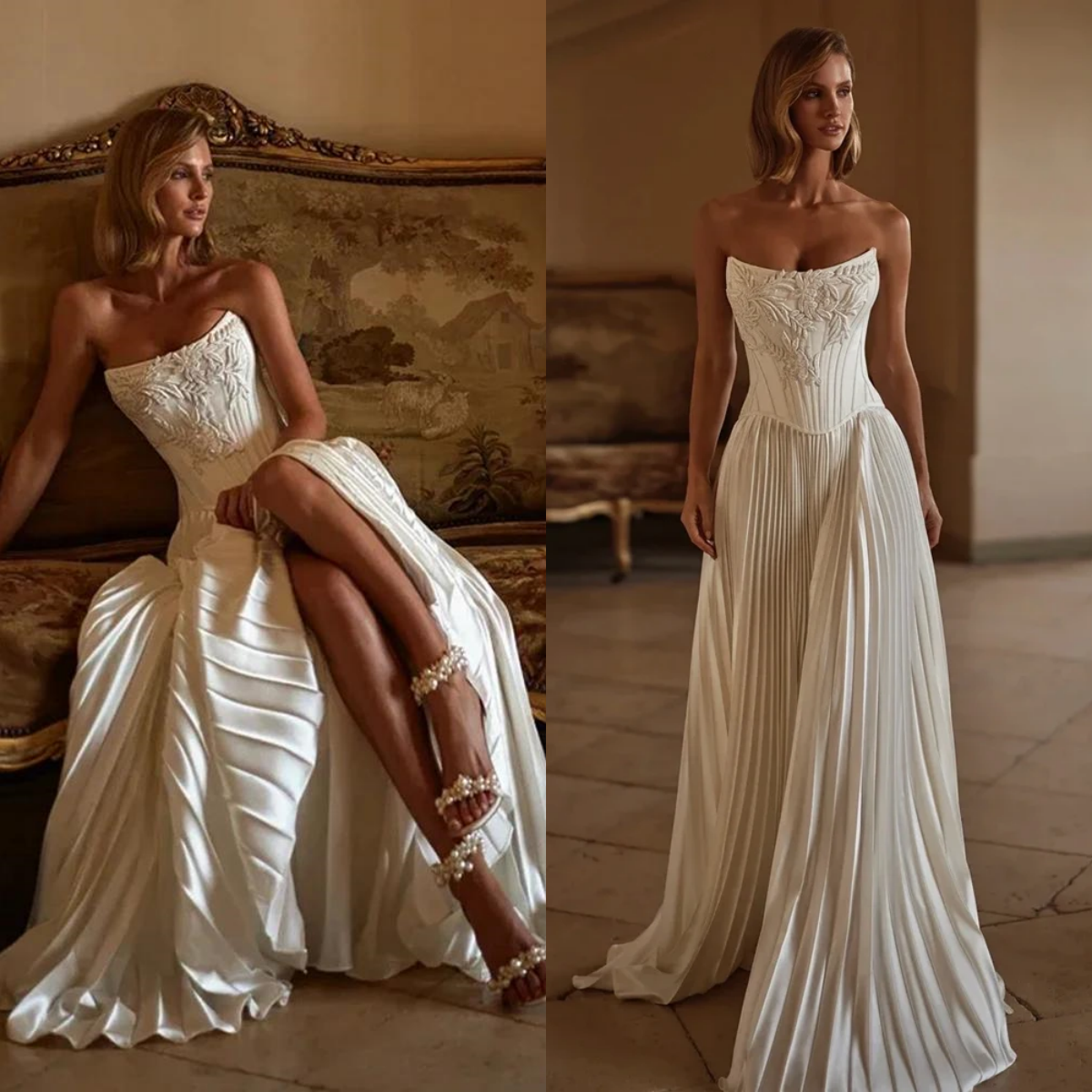 Elegant Prom Dress Mermaid Evening Dress Sleeveless Strapless Princess 3D Appliques Satin Prom Gowns Plus Size Customized vestido de novia