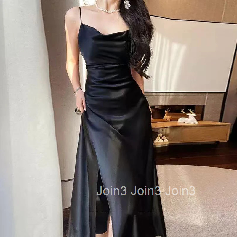 Black Slit Camis Dress Women Summer Sexy Backless Spaghetti Straps Midi Dress Y2K Elegant Satin Sleeveless Party Night Vestidos