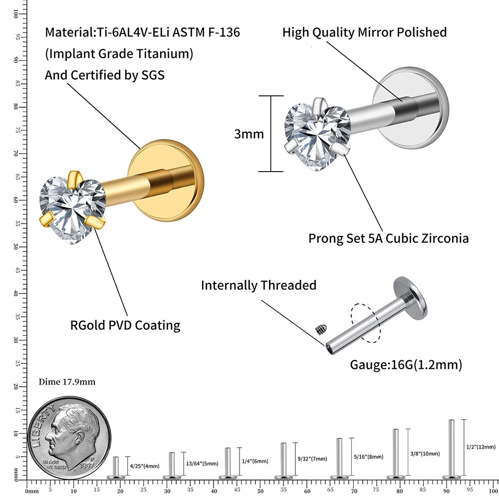 Right Grand ASTM 36 16G Heart CZ Internally Threaded Flat Back Labret Cartilage Tragus Helix Nose Stud Piercing 250805