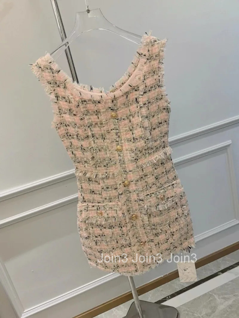 Elegant Sleeveless Tweed Dress for Womens Spring and Summer Pure Sexy Weave Sleeveless Slim Fit Short Dress Female Clothes