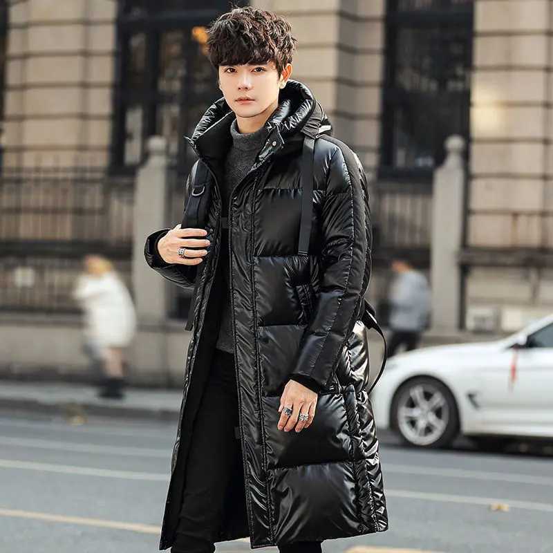 Fashion Men Down Jacket Long Parka Coat 90% White Duck Down Coat Men Winter Outerwear Glossy Jacket Hooded Thick Warm Overcoat W250806