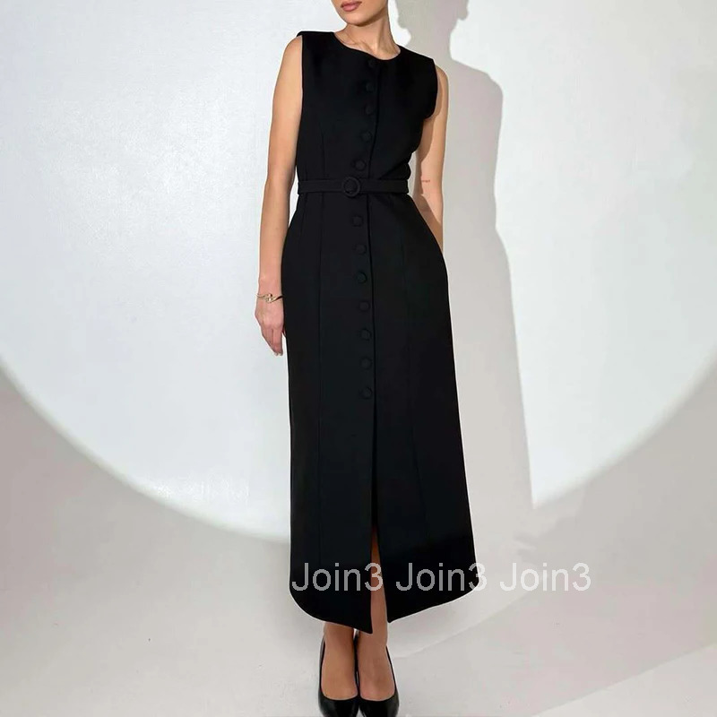 Elegant Temperament Slim Womens A-line Dress Summer Casual O Neck Button Office Dress Simple Solid Color Sleeveless Long Dress