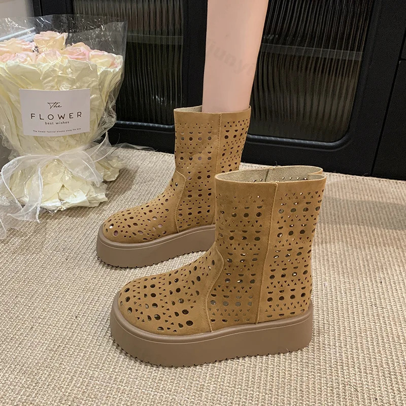Women Short Boots 2025 Summer Suede Vintage Hollow Out Women Ankle Boots Anti-slip Fashion Breathable Platform Female Boots 250805