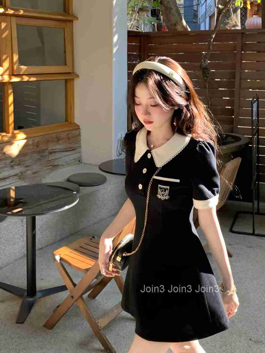 Hebe Style Polo Collar Little Black Dress Sweet Fashion New Ladys Patchwork Embroidered Midi Dress Womens Clothing