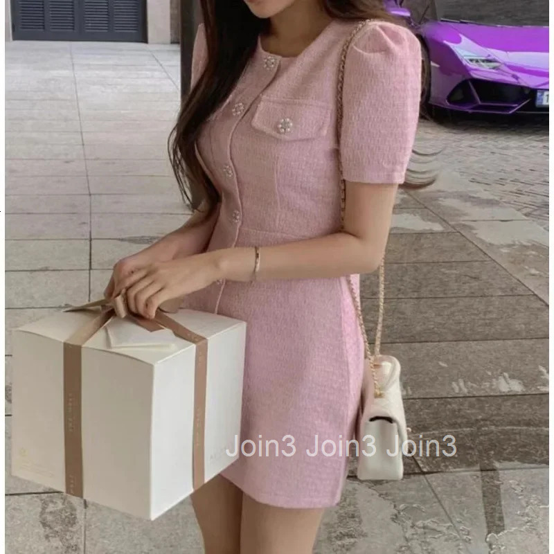 Chic Tweed Short Sleeve Bubble Dress Single Button Korean Style Mini Dress Fashionable Elegant Simple Design AE Stock Item