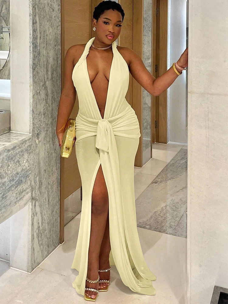 Weird Puss Peach Buttocks Sexy Dress Women Halter 2025 Summer Sexy Thin Y2K Backless V-Neck Knot Ribbon Birthday Party Vestidos 250806