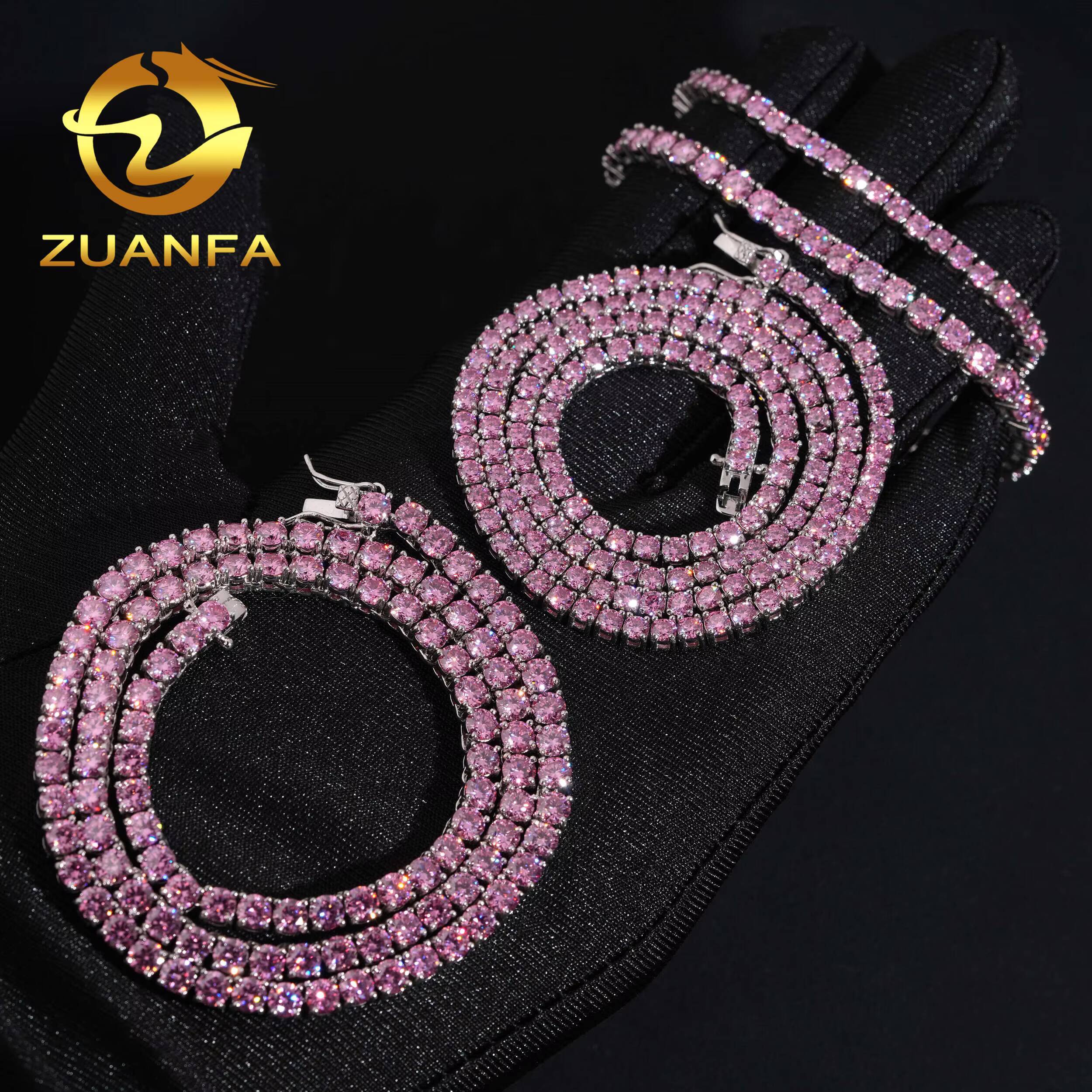 New Stocks Drop Shipping Hip Hop Jewelry Men Necklace Solid 925 Sterling Silver 3MM 4MM Pink Moissanite Diamond Tennis Chain