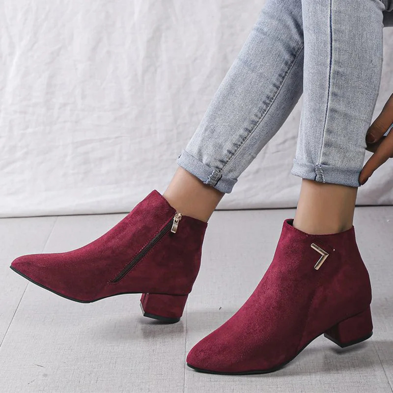 Burgundy Faux Suede Ankle Boots Women Spring Autumn 2025 Classic Metal Decoration Boots Woman Zipper Pointed Toe Botas Mujer 250805