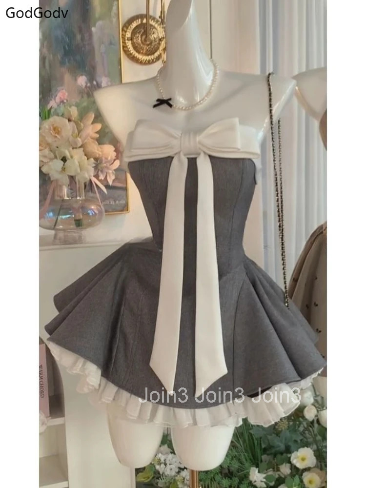 Summer New Vintage Elegant Woman Dress Strapless Bow Patchwork High Waist Puffy Mini Dress Female French Chic Sexy Outfits