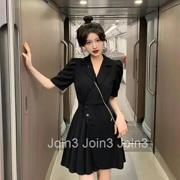 Elegant Asymmetrical Suit Dress Womens Summer Hot Sale Of The Season Waist-Cinching Slimming Pleated Bubble-Sleeve Short Dress