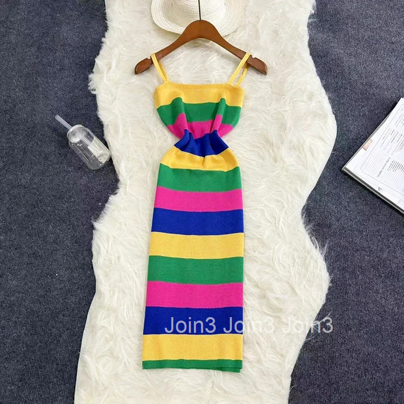 New Summer Raibow Womens Knitted Strapless Dresses Knitwear Sheath Elegant Bodycon Wrap Red Sexy Dress Female