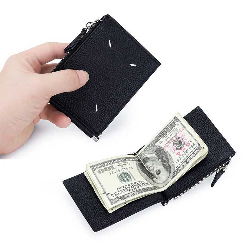 2025 New Genuine Leather Dollar Clip Wallet Ultra Thin Bifold Unisex Card Holder Fashion Zip Cowhide Coin Purse for Men WomenXJ250806
