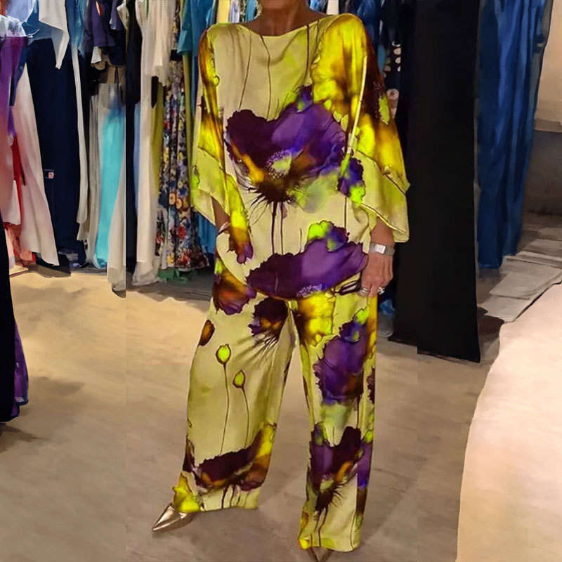 Summer New Urban Elegant Off-Shoulder Loose Printed Batwing Sleeve Drawstring Long Pants 661 B5