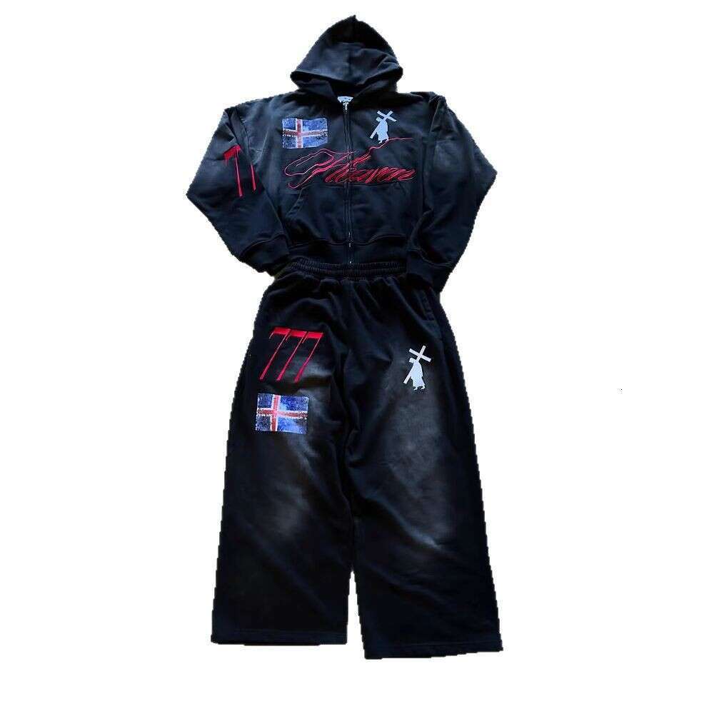 Printed Zipper Hoodie Sweatshirt Street Loose Versatile Sweatpants Casual Fashionable Sports Set