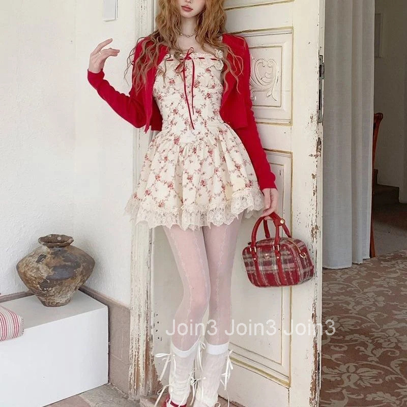 Y2K Sweet Floral Dress Set Woman Casual Red Short Cardigan Elegant Lace Mini Dress Female Korean Prairie Chic Clothing Suit