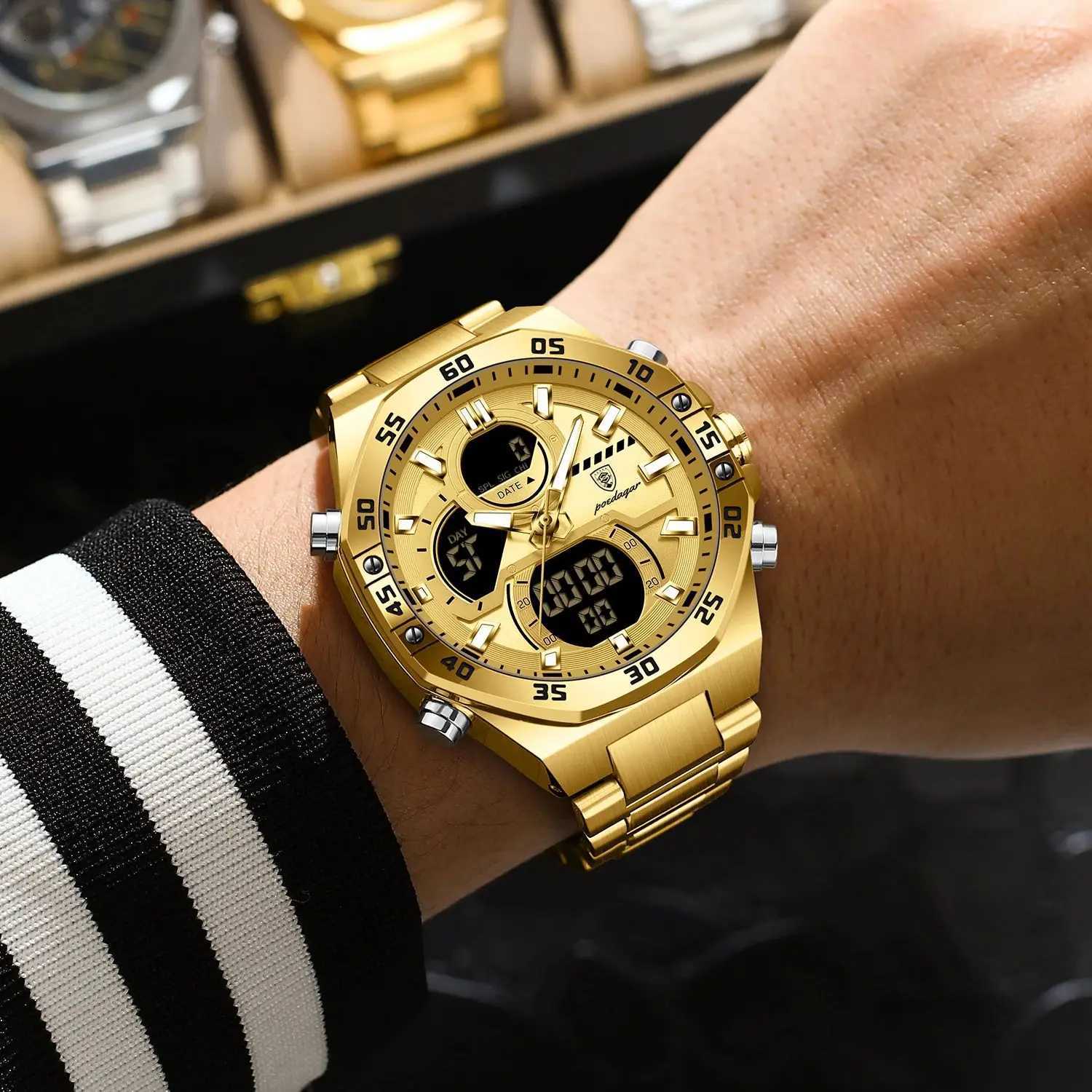 POEDAGAR New Mens Clock LED Luminous Waterproof Week Date Military Mens Electronic Wristwatch Stainless Steel Quartz Mens W250806