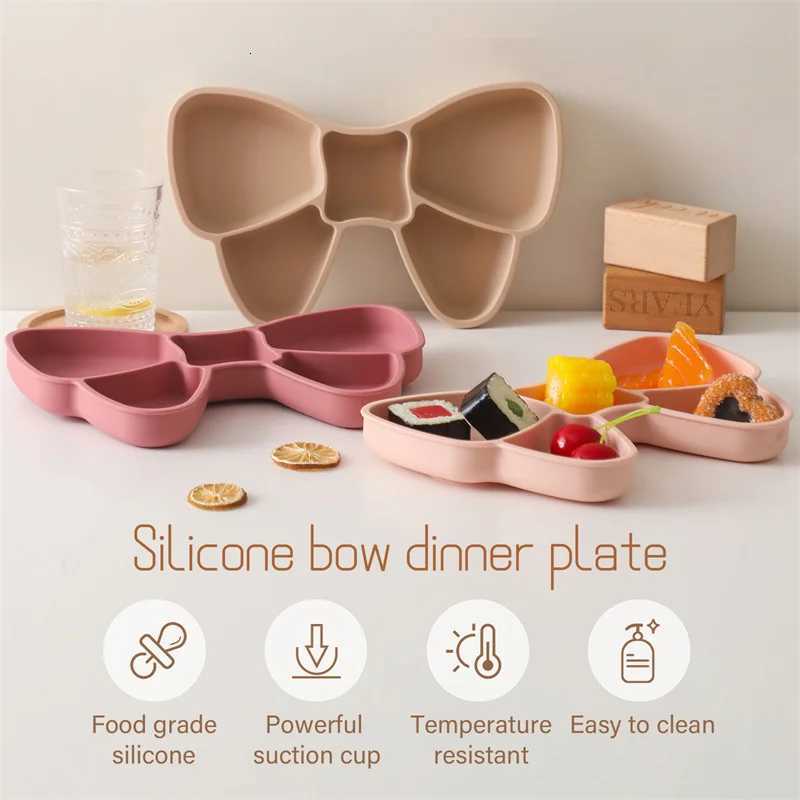 Baby Tableware Set BPA Free Silicone Bow Dish Tie Bowl Fork Food Plate Stainless Spoon Non-slip Tableware Newborn Feeding Tool X250806