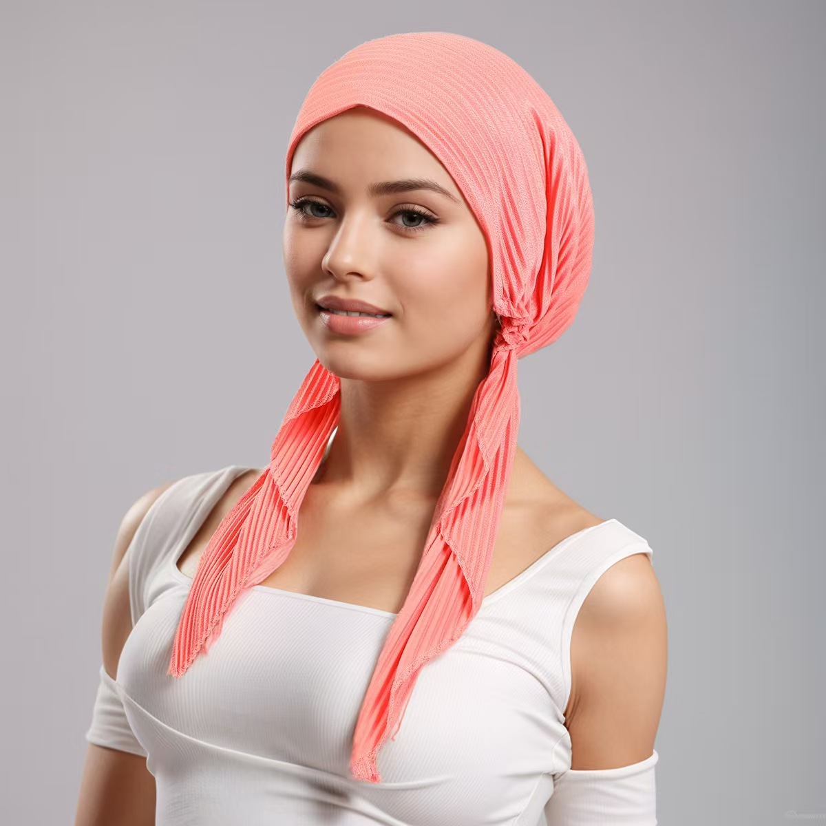T1403 elastic pleated fabric headscarf with elastic adjustment, comfortable and breathable long tail hat