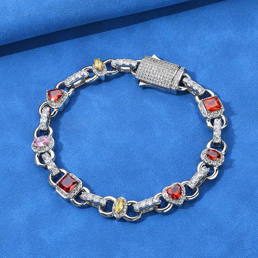 NUOYA Luxury 10mm Heart Tennis Bracelet 925 Silver Iced Out VVS Moissanite Red Zircon Hip Hop Fine Jewelry