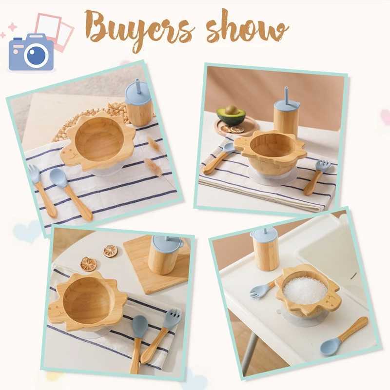 4pc Bamboo Wooden Dinosaur Dinner Plate Baby Bowl Spoon Fork Cup Silicone Suction Plate Tableware Set Baby Feeding Accessories X250806