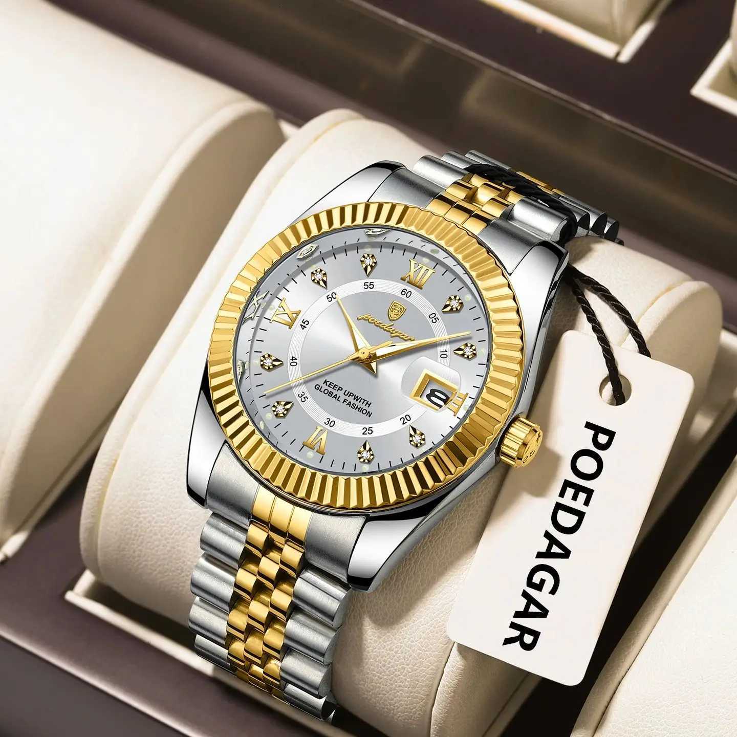 POEDAGAR Luxury Trend Mens Ice Waterproof Luminous Stainless Steel Male Date Quartz Business Mens Wristwatch + Gift Box W250806